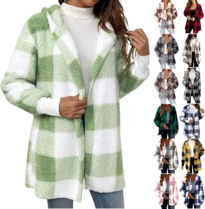 Womens Hooded Fuzzy Sherpa Lined Fleece Jacket Open Front Buffalo Plaid Cardigan Comfy Soft Winter Clothes
