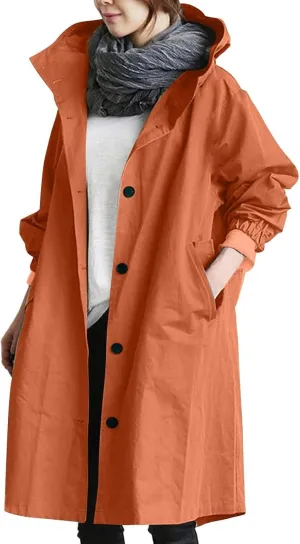 Womens Hooded Trench Coat Winter Lightweight Waterproof Rain Jacket Outdoor Button Down Oversized Windbreaker Outwear