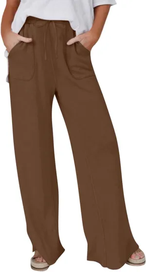 Women's Linen Pants Summer Casual Straight Leg Trousers Drawstring Lightweight Elastic Waist Cotton Pant with Pockets