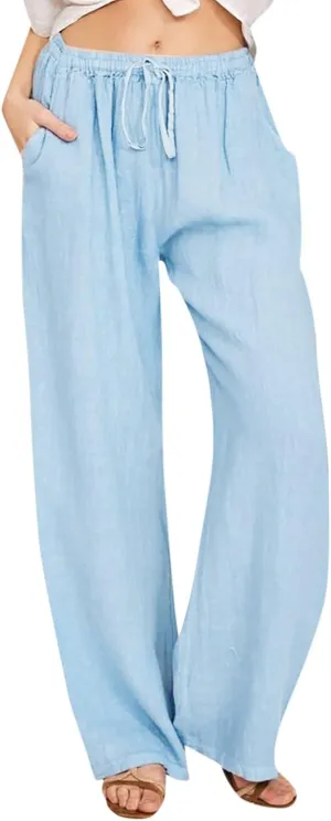 Womens Linen Pants,High Waisted Linen Pants Women High Waist Trousers for Women Summer Fashion Linen Pants Casual High Waist Loose Fit Drawstring Trousers with Pockets Light Blue