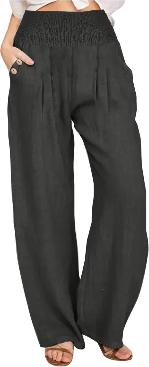 Women's Linen Summer Palazzo Pants Flowy High Waisted Wide Leg Beach Pants Casual Loose Fit Pocketed Paperbag Trouser