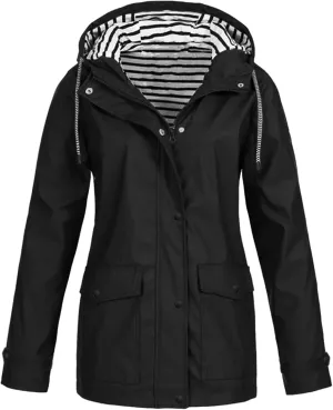 Women's Long Hooded Rain Jacket Waterproof Lightweight Raincoat Adjustable Windbreaker Active Outdoor Hooded Rain Coats