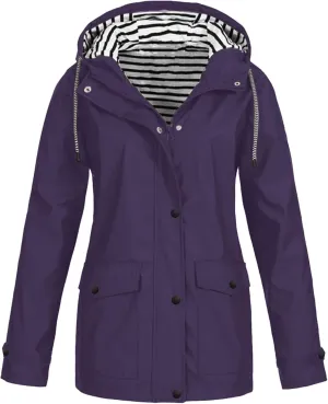 Women's Long Hooded Rain Jacket Waterproof Lightweight Raincoat Adjustable Windbreaker Active Outdoor Hooded Rain Coats