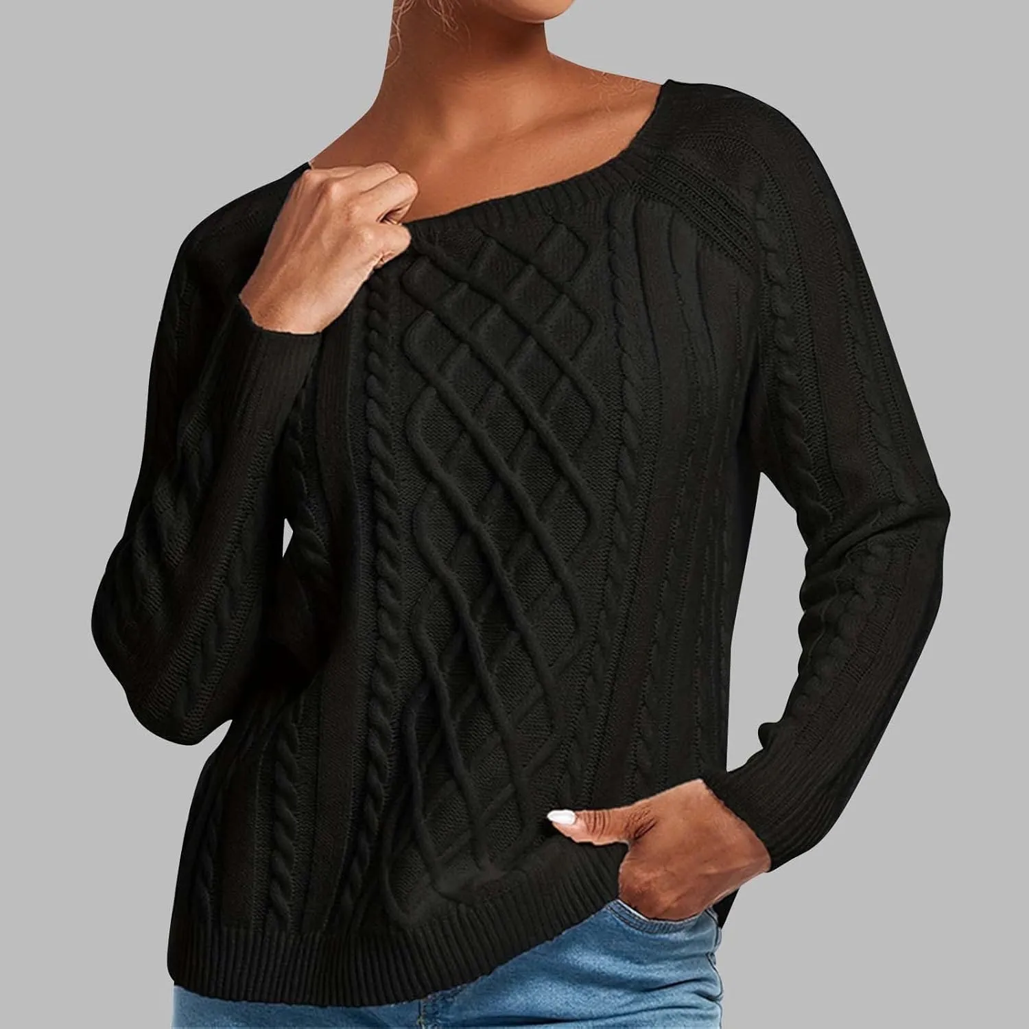 Womens Long Sleeve Sweaters Cable Knitted Round Neck Pullover Tops Loose Fitted Solid Color Chunky Jumper Blouse