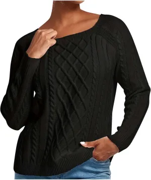 Womens Long Sleeve Sweaters Cable Knitted Round Neck Pullover Tops Loose Fitted Solid Color Chunky Jumper Blouse