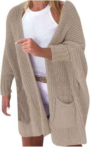 Womens Open Front Sweater Oversized Chunky Long Sleeve Knitted Long Cardigan Buttonless Lounge Outerwear with Pockets