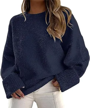 Womens Oversized Crew Neck Sweater Long Sleeve Solid Color Pullover Sweaters Casual Knit Top Trendy Outfits