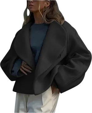 Womens Oversized Cropped Pea Coat Fall Winter Wool Blend Jacket Open Front Lapel Collar Fashion Outerwear