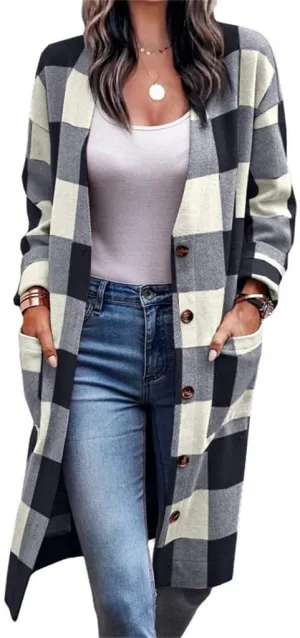 Women's Oversized Lounge Lapel Button Up Woolen Shirt Jacket Long Sleeve Plaid Long Shacket Loose Flannel Tartan Coats