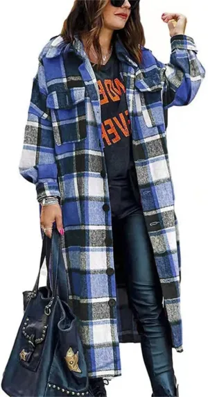 Women's Oversized Lounge Lapel Button Up Woolen Shirt Jacket Long Sleeve Plaid Long Shacket Loose Flannel Tartan Coats