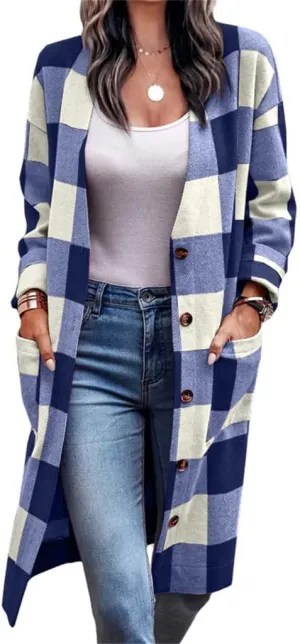 Women's Oversized Lounge Lapel Button Up Woolen Shirt Jacket Long Sleeve Plaid Long Shacket Loose Flannel Tartan Coats