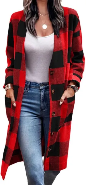 Women's Oversized Lounge Lapel Button Up Woolen Shirt Jacket Long Sleeve Plaid Long Shacket Loose Flannel Tartan Coats