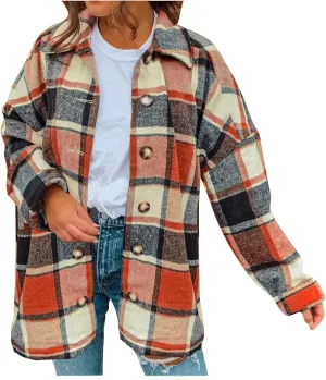 Women's Plaid Flannel Jackets Button Down Tartan Coats Casual Wool Blend Coats Plaid Shackets Brushed Flannel Jackets