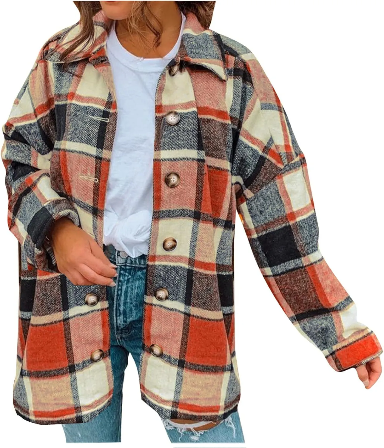 Women's Plaid Flannel Jackets Button Down Tartan Coats Casual Wool Blend Coats Plaid Shackets Brushed Flannel Jackets
