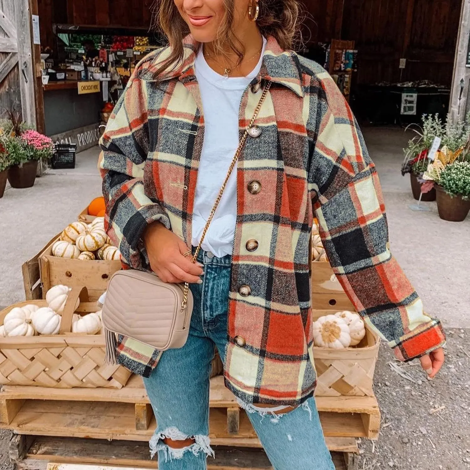 Women's Plaid Flannel Jackets Button Down Tartan Coats Casual Wool Blend Coats Plaid Shackets Brushed Flannel Jackets