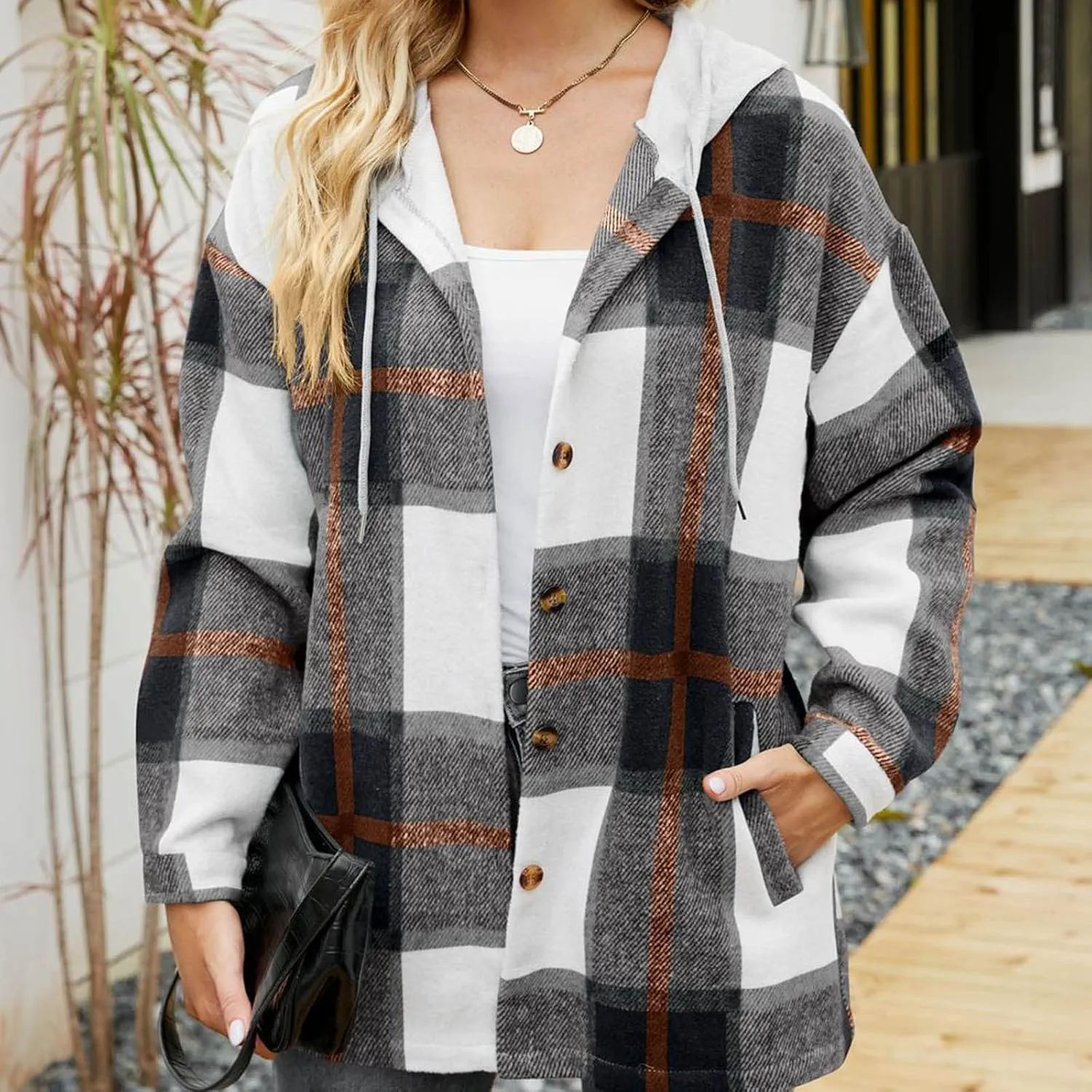 Women's Plaid Flannel Jackets Button Down Tartan Coats Casual Wool Blend Coats Plaid Shackets Brushed Flannel Jackets