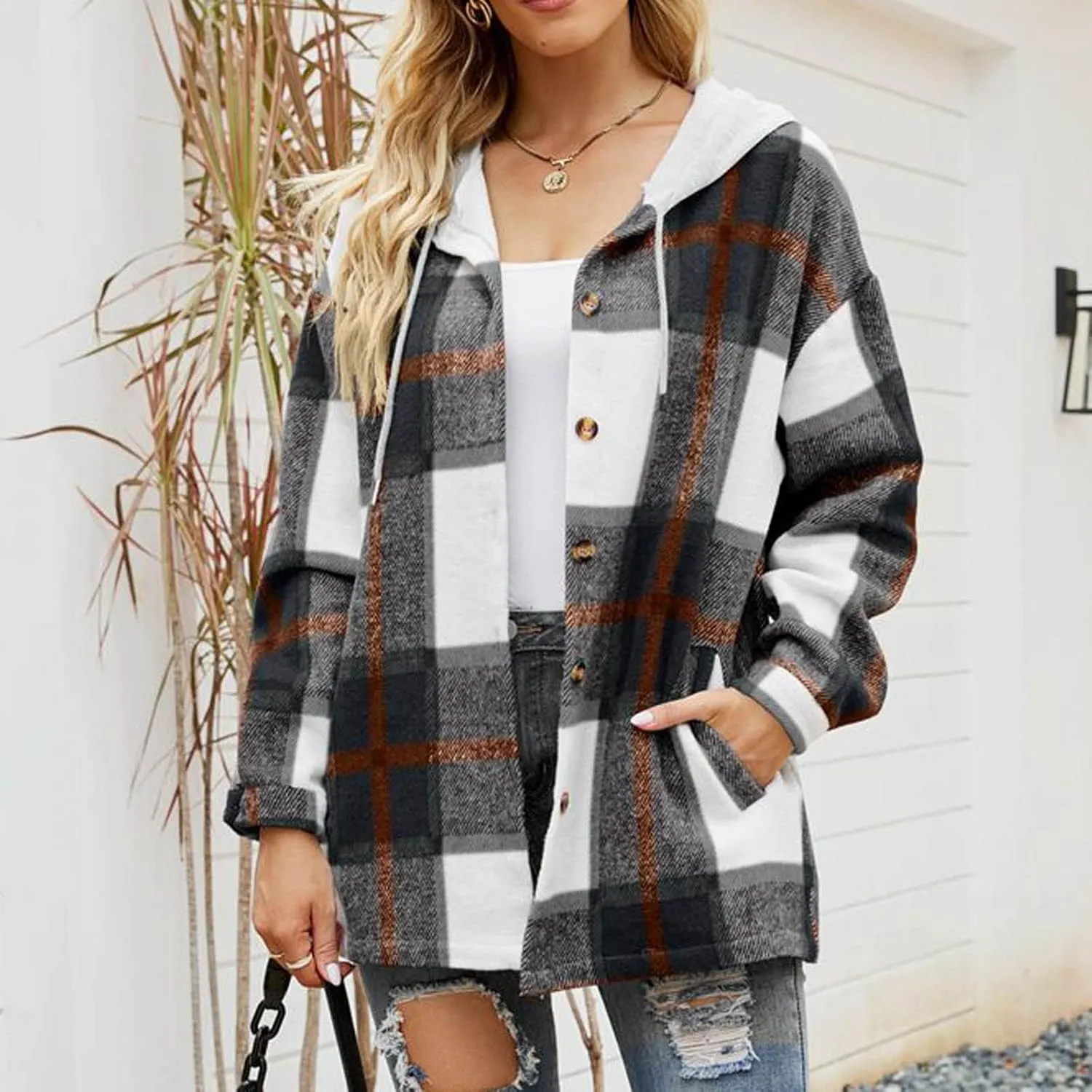 Women's Plaid Flannel Jackets Button Down Tartan Coats Casual Wool Blend Coats Plaid Shackets Brushed Flannel Jackets