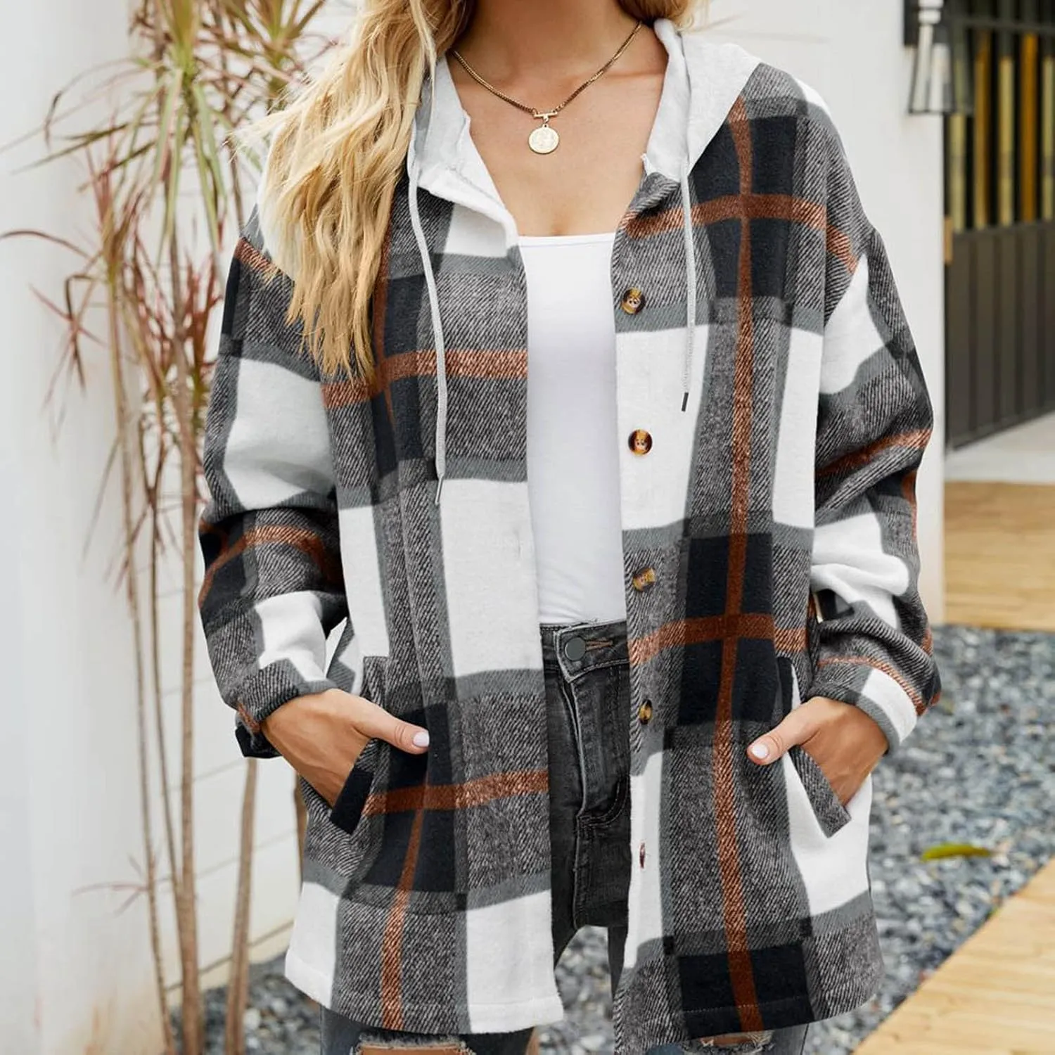 Women's Plaid Flannel Jackets Button Down Tartan Coats Casual Wool Blend Coats Plaid Shackets Brushed Flannel Jackets