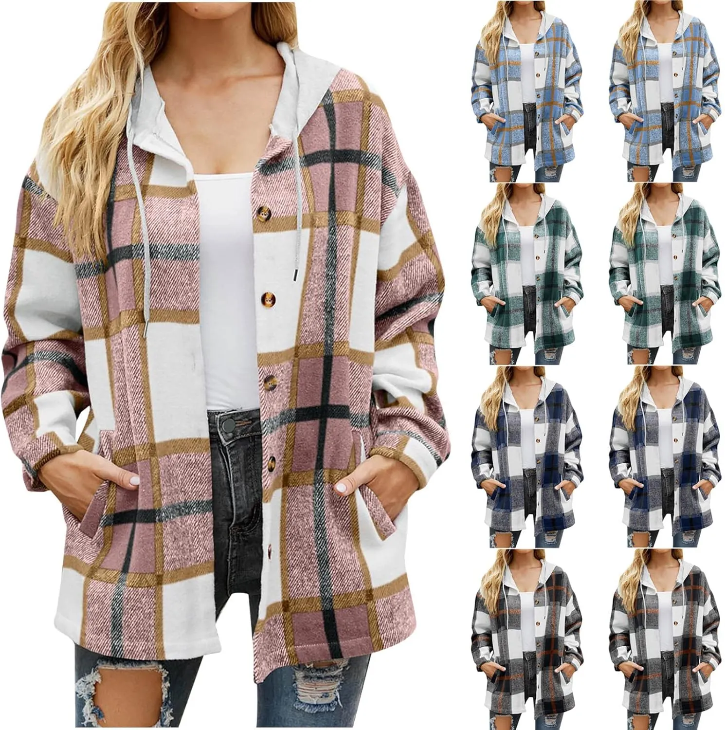 Women's Plaid Flannel Jackets Button Down Tartan Coats Casual Wool Blend Coats Plaid Shackets Brushed Flannel Jackets