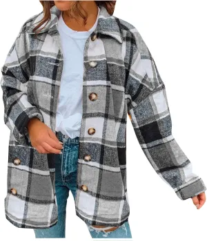 Women's Plaid Flannel Jackets Button Down Tartan Coats Casual Wool Blend Coats Plaid Shackets Brushed Flannel Jackets