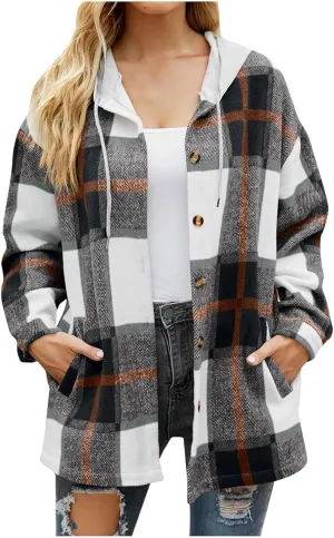 Women's Plaid Flannel Jackets Button Down Tartan Coats Casual Wool Blend Coats Plaid Shackets Brushed Flannel Jackets