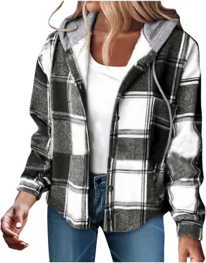 Womens Plaid Hooded Shacket Wool Blend Fleece Jacket With Pockets Lightweight Flannel Hoodies Button Down Coat