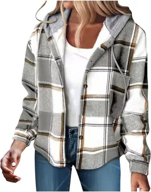 Womens Plaid Hooded Shacket Wool Blend Fleece Jacket With Pockets Lightweight Flannel Hoodies Button Down Coat