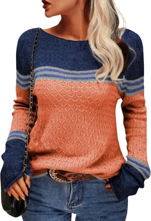 Womens Sweater Top Fall 2024 Oversized Knit Long Sleeve Crochet Pullover Color Block Striped Blouse Tops Boho Clothes