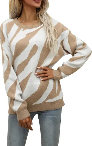 Womens Sweater Top Fall 2024 Oversized Knit Long Sleeve Crochet Pullover Color Block Striped Blouse Tops Boho Clothes