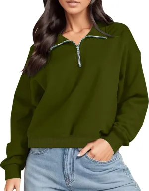 Womens Sweatshirt Cropped Half Zip Pullover Tops Solid Color Lapel Neck Sweatshirs Fleece Fashion Fall Outfits 2024