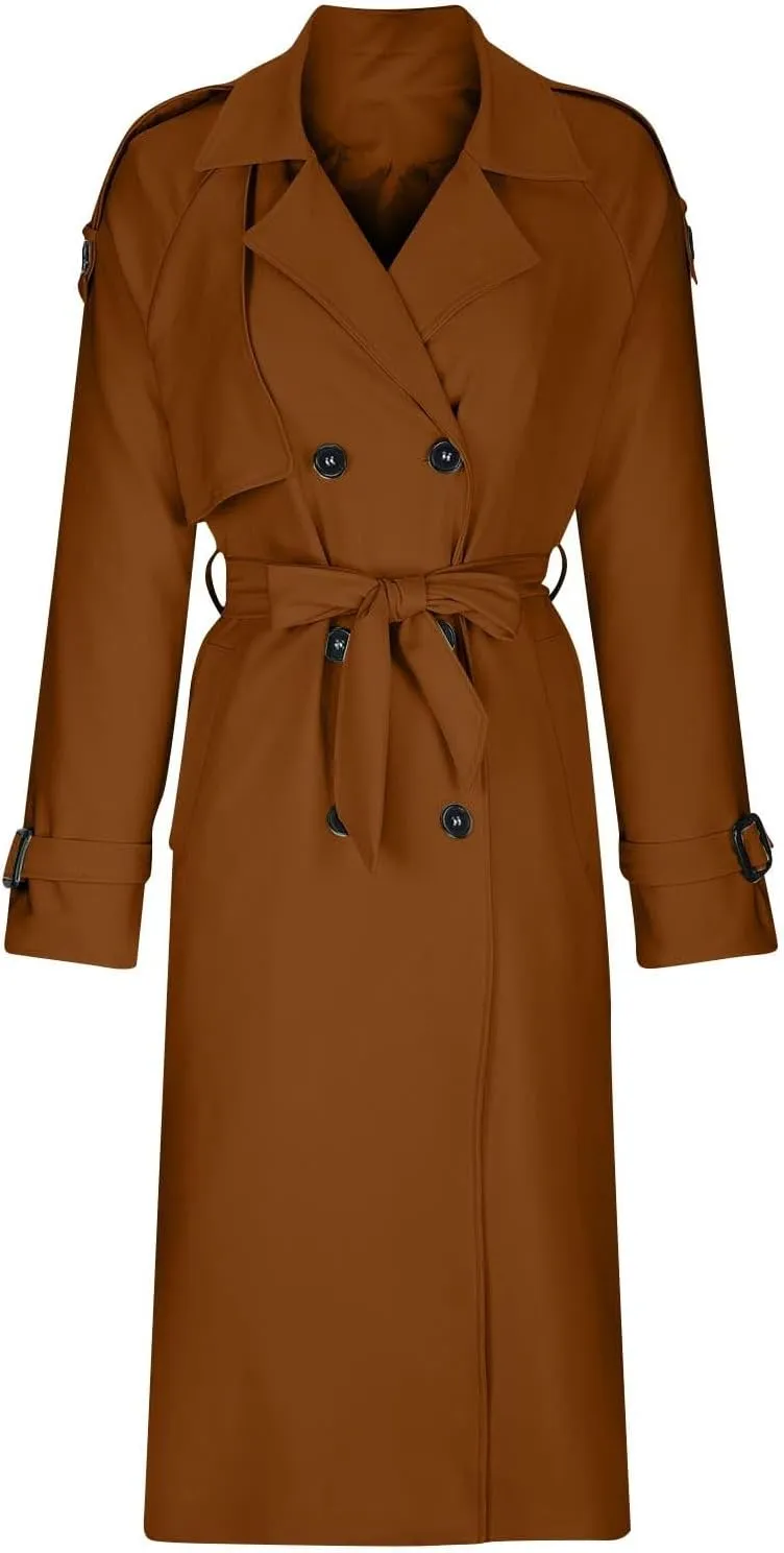 Women's Trench Coat Double Breasted Long Trench Coat Spring Fall Fashion Windproof Classic Lapel Overcoat with Belt