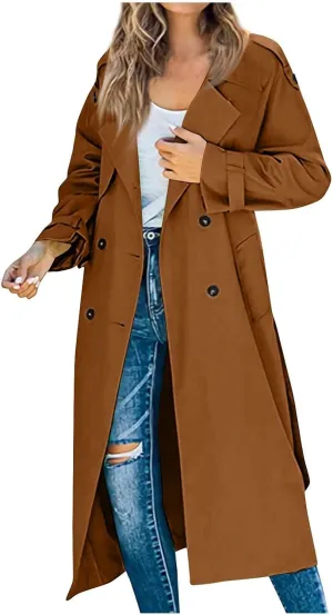 Women's Trench Coat Double Breasted Long Trench Coat Spring Fall Fashion Windproof Classic Lapel Overcoat with Belt