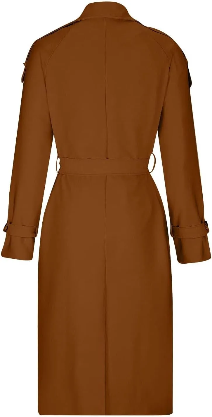 Women's Trench Coat Double Breasted Long Trench Coat Spring Fall Fashion Windproof Classic Lapel Overcoat with Belt