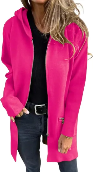 Womens Trench Coat Full Zipper Hooded Jacket Casual Long Sleeve Jacket Winter Trendy Coat Lightweight Pea Coat