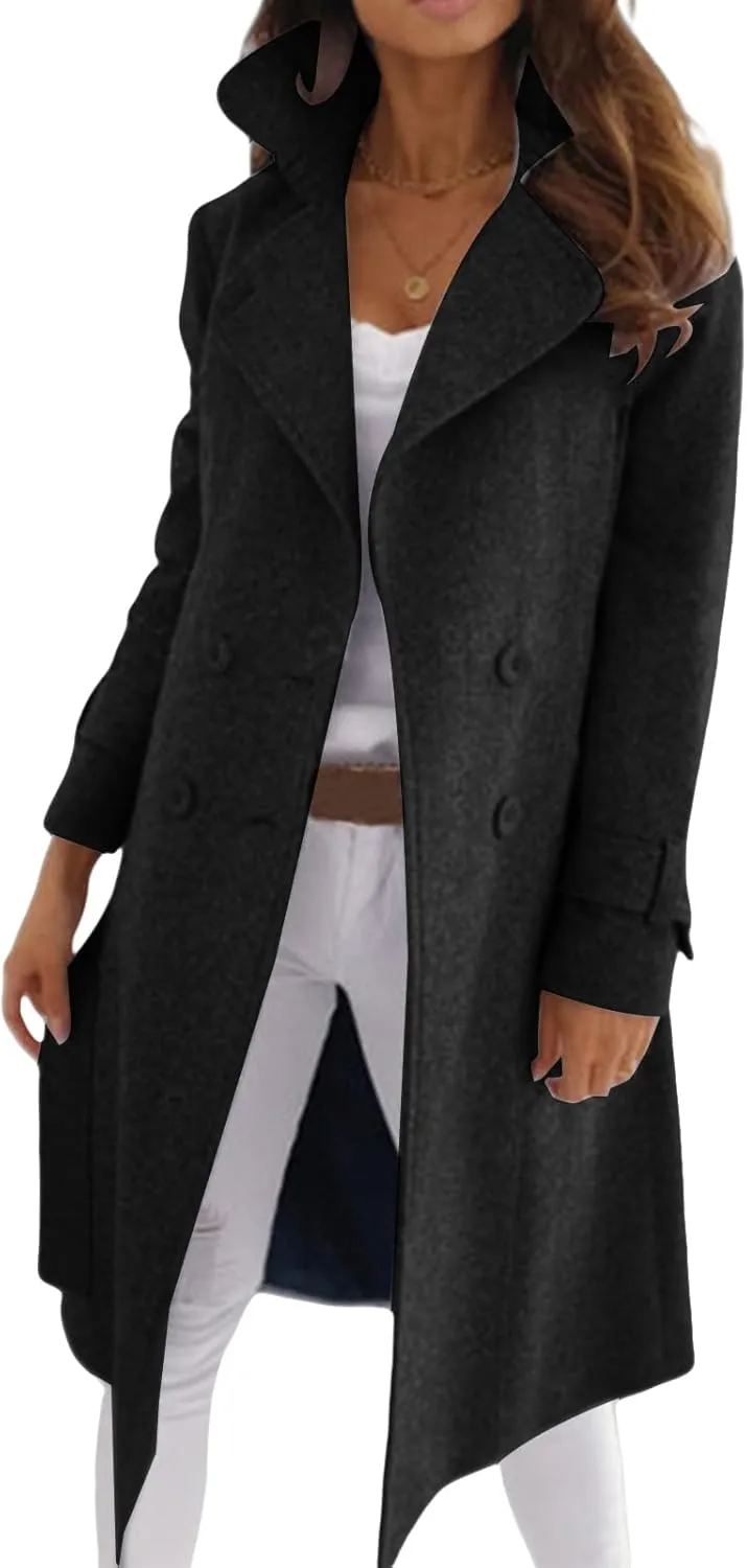 Womens Trench Coat Wool Blend Jacket Notch Lapel Long Jacket Double Breasted Pea Coat Casual Long Sleeve Overcoat