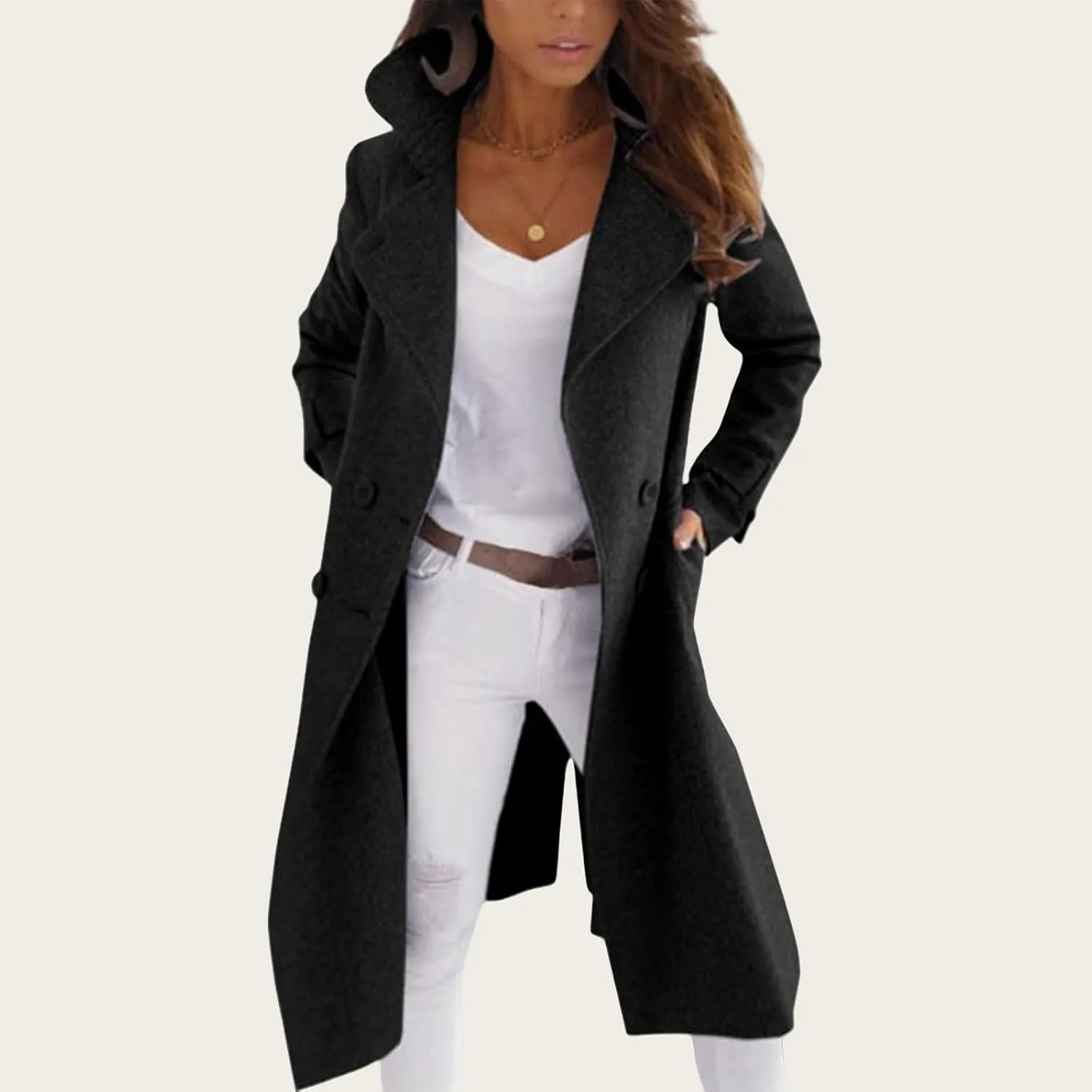 Womens Trench Coat Wool Blend Jacket Notch Lapel Long Jacket Double Breasted Pea Coat Casual Long Sleeve Overcoat