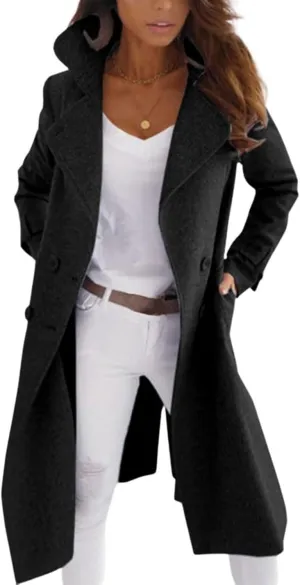 Womens Trench Coat Wool Blend Jacket Notch Lapel Long Jacket Double Breasted Pea Coat Casual Long Sleeve Overcoat