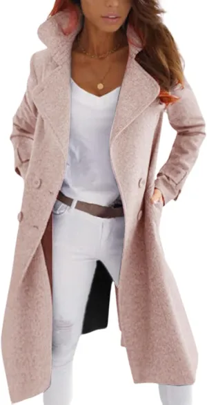 Womens Trench Coat Wool Blend Jacket Notch Lapel Long Jacket Double Breasted Pea Coat Casual Long Sleeve Overcoat