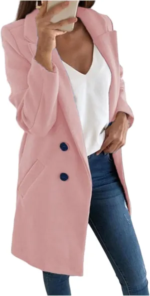Women's Trench Coats Basic Wool Blend Pea Jacket Notch Lapel Mid Long Blazer Jackets Outwear Cardigan Windbreaker