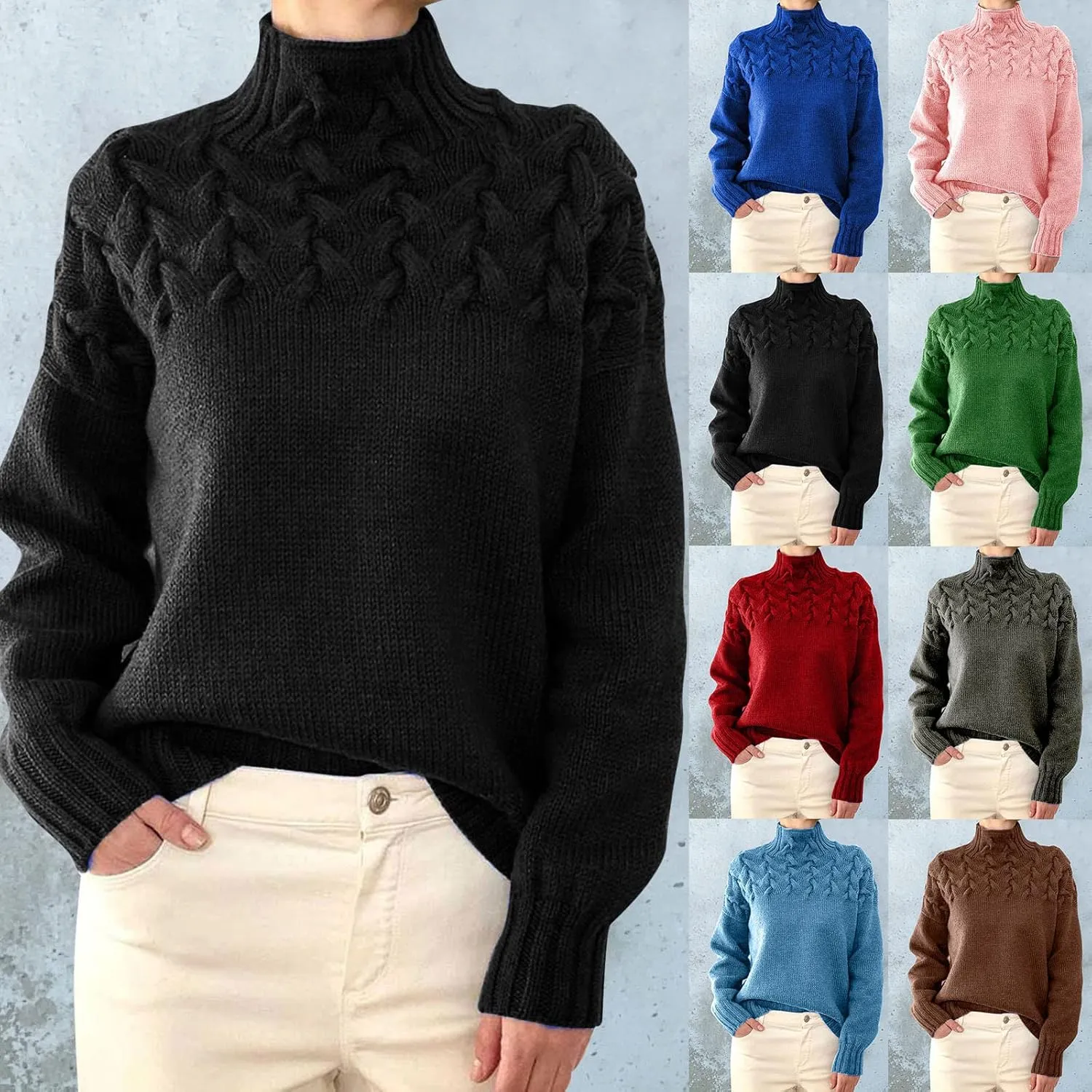 Womens Turtleneck Sweaters Casual Solid Cozy Slouhy Loose Long Sleeve Chunky Cable Knit Warm Cute Sweaters Pullover