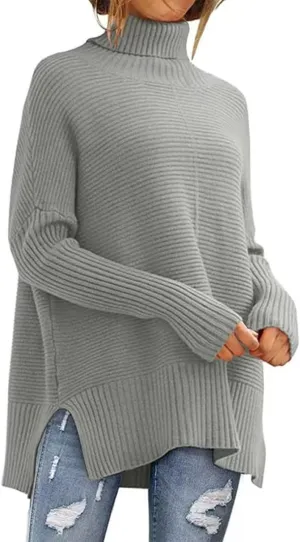 Women's Turtleneck Tunic Sweater Tops Trendy Oversized Long Sleeve Knit Chunky Pullover Split Side Jumper Knitwear