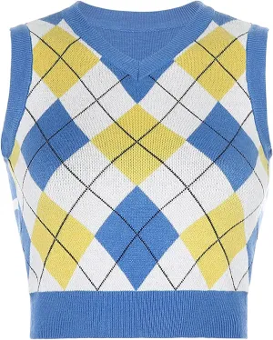 Women's V Neck Knit Sweater Vest Argyle Plaid Preppy Style Sleeveless Crop Knitwear Tank Y2K Crop Sweater Vest