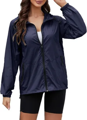 Womens Waterproof Outdoor Rain Jackets Lightweight Packable Hooded Raincoat Adjustable Soft Shell Windbreaker Jacket