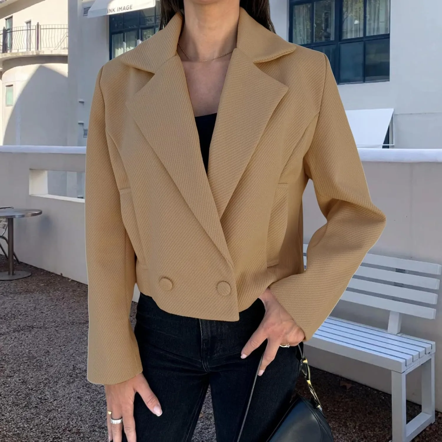 Womens Winter Blazer Wool Blend Cropped Blazers Notched Lapel Collar Thicken Warm Pea Coat Casual Business Jacket Tops