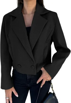 Womens Winter Blazer Wool Blend Cropped Blazers Notched Lapel Collar Thicken Warm Pea Coat Casual Business Jacket Tops