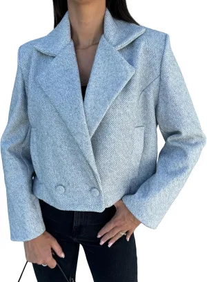 Womens Winter Blazer Wool Blend Cropped Blazers Notched Lapel Collar Thicken Warm Pea Coat Casual Business Jacket Tops