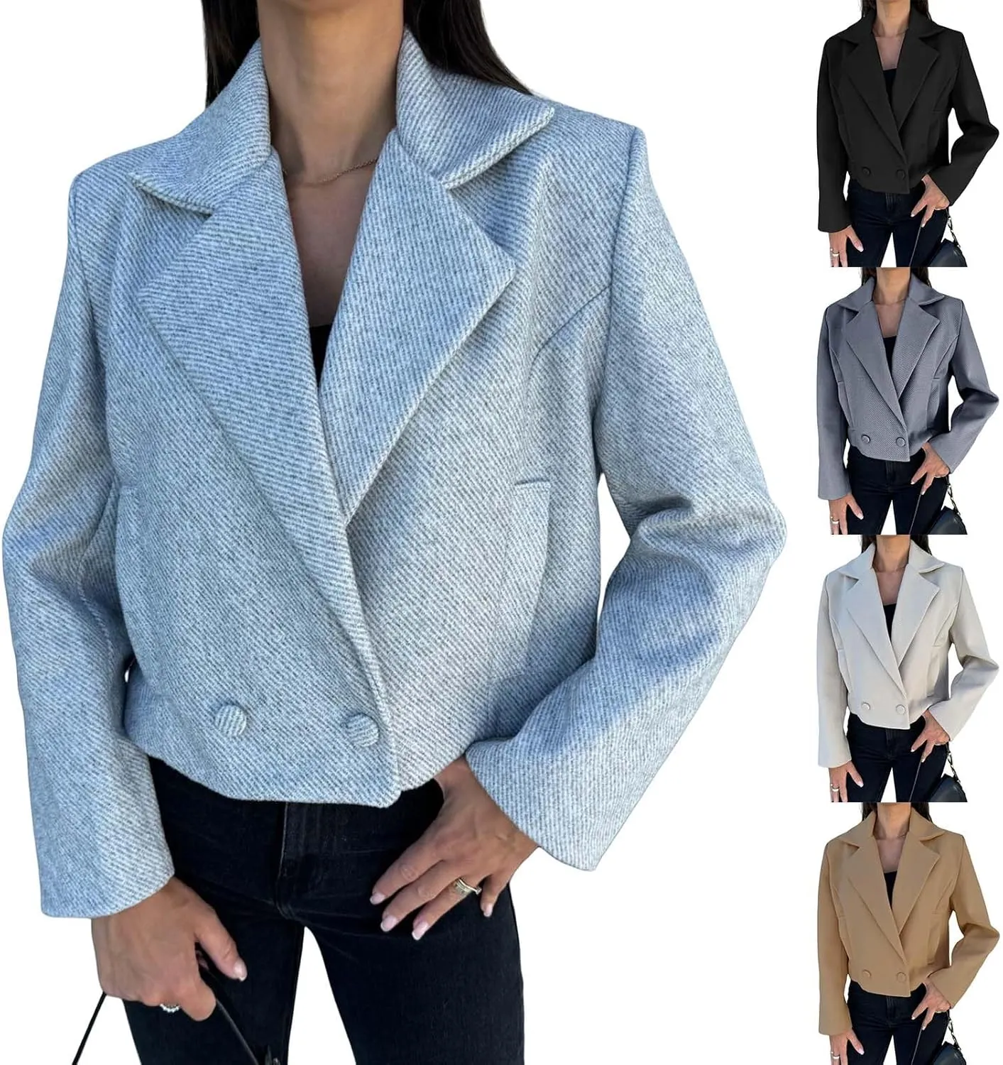 Womens Winter Blazer Wool Blend Cropped Blazers Notched Lapel Collar Thicken Warm Pea Coat Casual Business Jacket Tops
