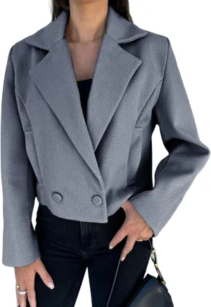 Womens Winter Blazer Wool Blend Cropped Blazers Notched Lapel Collar Thicken Warm Pea Coat Casual Business Jacket Tops