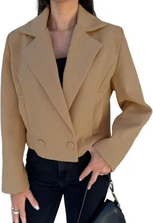 Womens Winter Blazer Wool Blend Cropped Blazers Notched Lapel Collar Thicken Warm Pea Coat Casual Business Jacket Tops