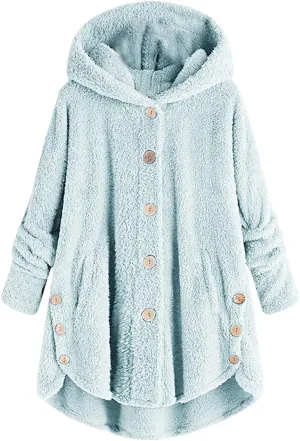Womens Winter Hooded Coat Fleece Jackets Casual Button Down Oversized Length Cardigan 2024 Winter Solid Color Tops